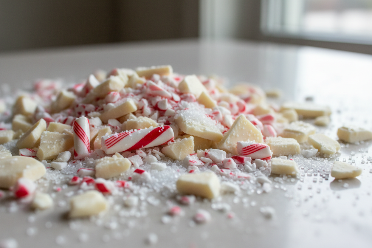 Candy Cane Pieces, White chocolate pieces and white sugar crystals