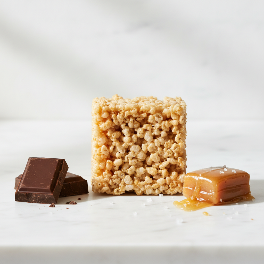 Square rice crispy treat, Piece of caramel, Chocolate 